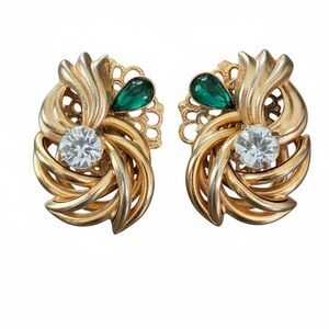 Vintage Gold-Tone Swirl Earrings with green marquees and Clear Stones ✨